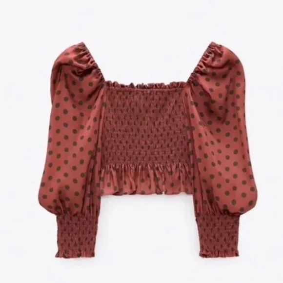 NWT Zara Satin Burgundy Red & Green Polka Dot Smocked Puff Sleeve Top in size M - Picture 4 of 10